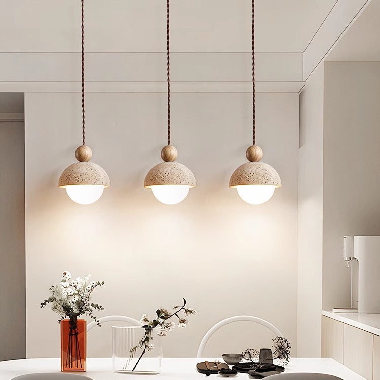Traditional Japanese Multi Orb Solid Wood Travertine 1-Light Pendant Light For Living Room