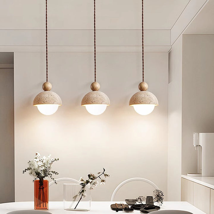Traditional Japanese Multi Orb Solid Wood Travertine 1-Light Pendant Light For Living Room