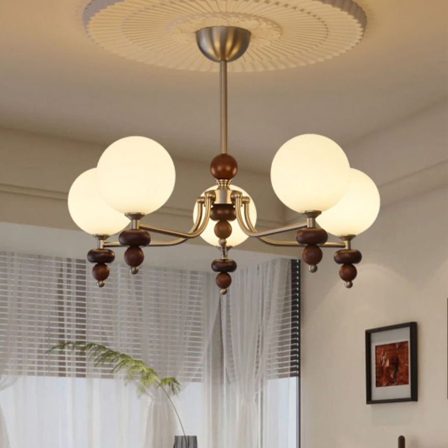 Traditioneller Vintage-Ast Gerade Stange Runde Kugel Eisen Holzrahmen Glasschirm 3/5/8 Licht Kronleuchter Für Wohnzimmer 