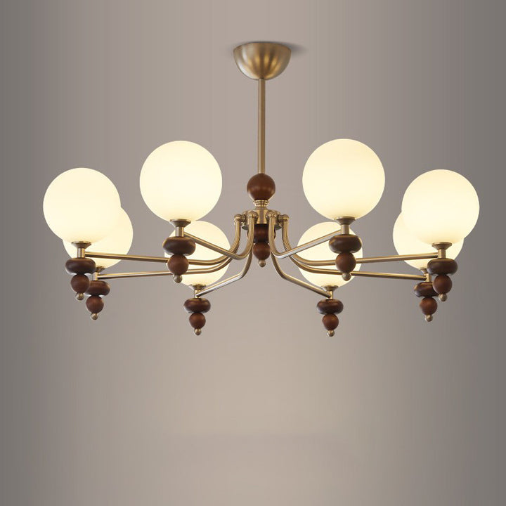 Traditioneller Vintage-Ast Gerade Stange Runde Kugel Eisen Holzrahmen Glasschirm 3/5/8 Licht Kronleuchter Für Wohnzimmer 