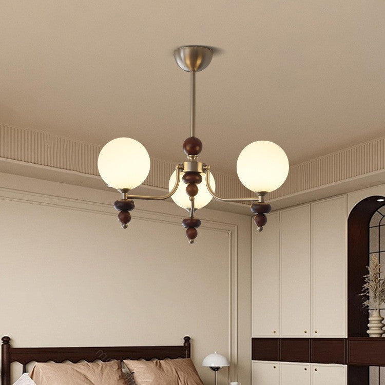 Traditioneller Vintage-Ast Gerade Stange Runde Kugel Eisen Holzrahmen Glasschirm 3/5/8 Licht Kronleuchter Für Wohnzimmer 