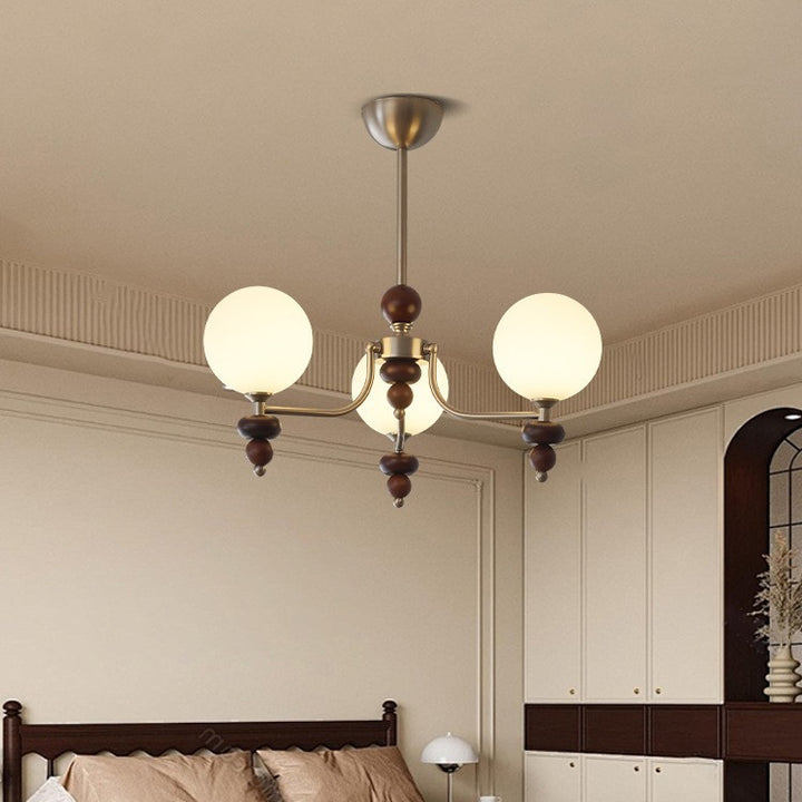Traditioneller Vintage-Ast Gerade Stange Runde Kugel Eisen Holzrahmen Glasschirm 3/5/8 Licht Kronleuchter Für Wohnzimmer 