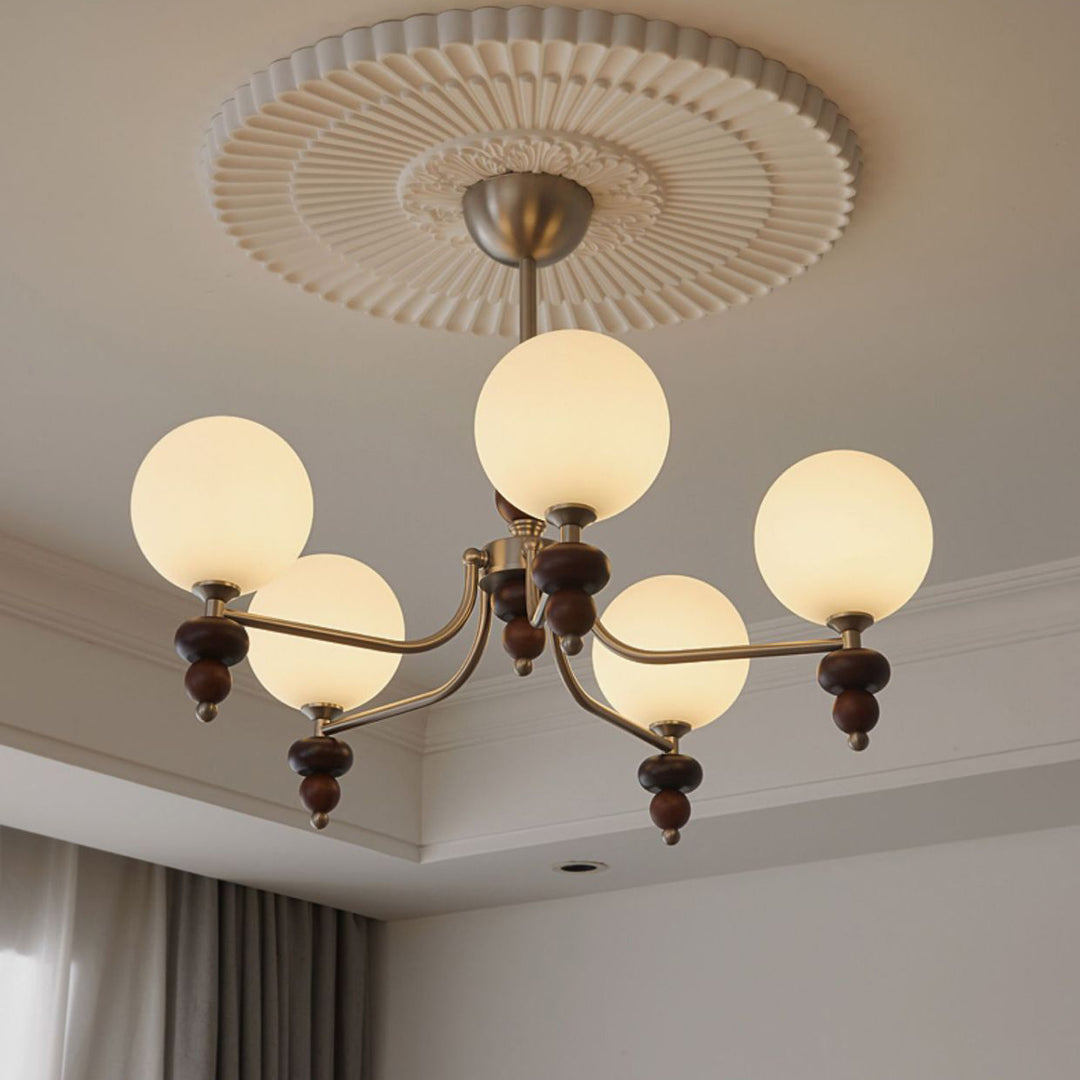 Traditioneller Vintage-Ast Gerade Stange Runde Kugel Eisen Holzrahmen Glasschirm 3/5/8 Licht Kronleuchter Für Wohnzimmer 