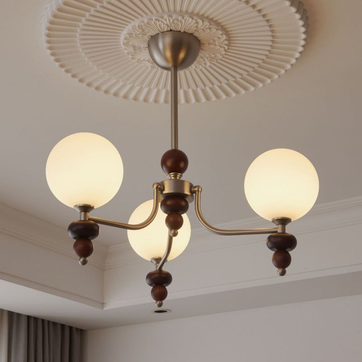 Traditioneller Vintage-Ast Gerade Stange Runde Kugel Eisen Holzrahmen Glasschirm 3/5/8 Licht Kronleuchter Für Wohnzimmer 