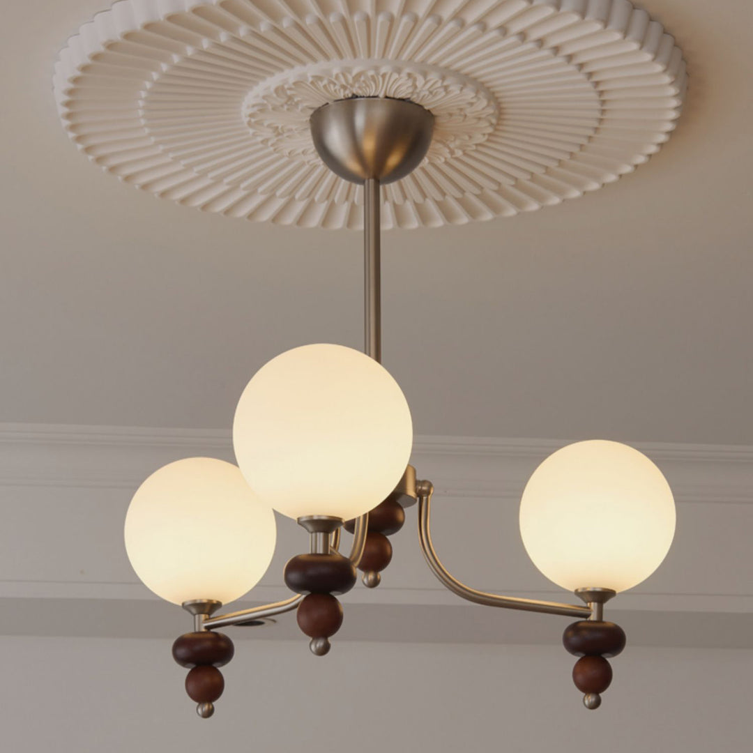 Traditioneller Vintage-Ast Gerade Stange Runde Kugel Eisen Holzrahmen Glasschirm 3/5/8 Licht Kronleuchter Für Wohnzimmer 