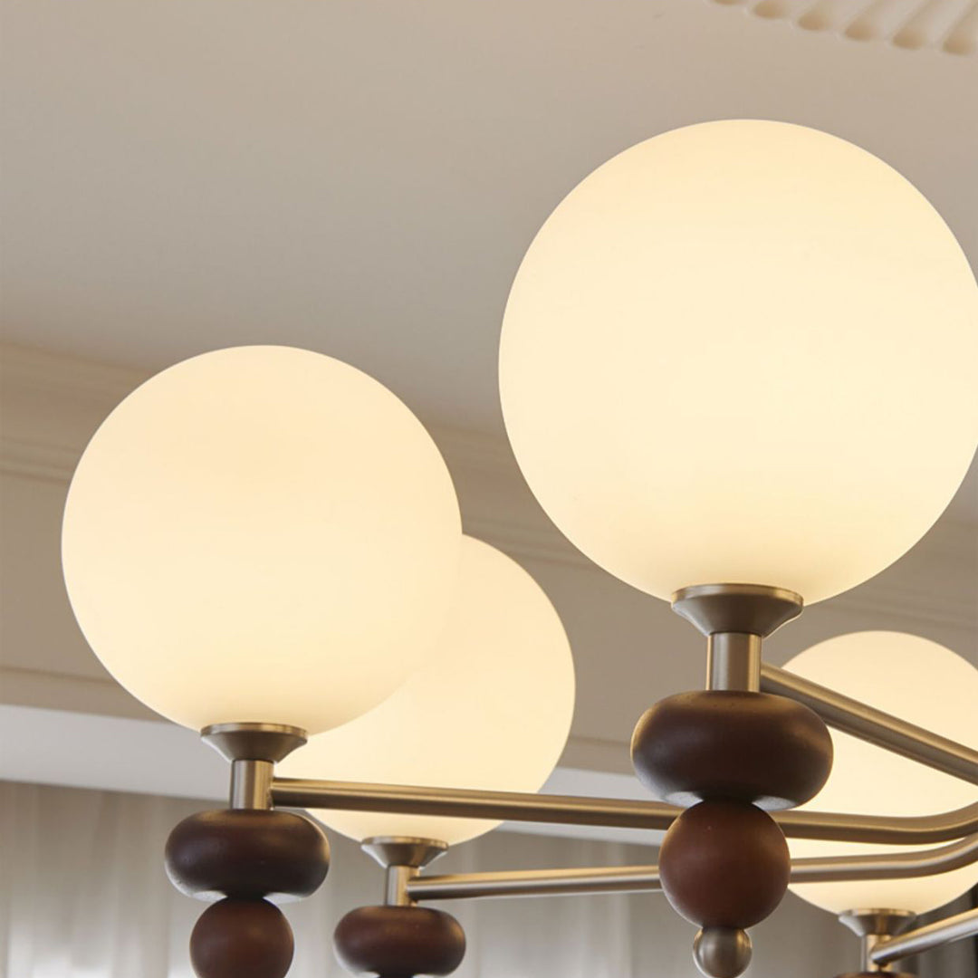 Traditioneller Vintage-Ast Gerade Stange Runde Kugel Eisen Holzrahmen Glasschirm 3/5/8 Licht Kronleuchter Für Wohnzimmer 
