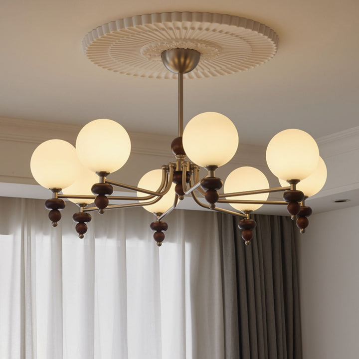Traditioneller Vintage-Ast Gerade Stange Runde Kugel Eisen Holzrahmen Glasschirm 3/5/8 Licht Kronleuchter Für Wohnzimmer 