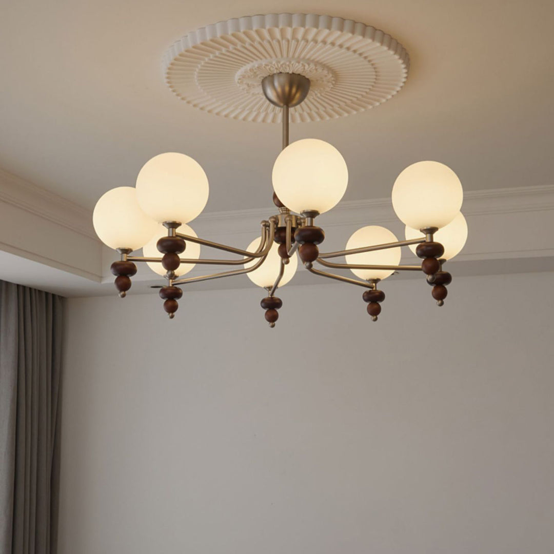 Traditioneller Vintage-Ast Gerade Stange Runde Kugel Eisen Holzrahmen Glasschirm 3/5/8 Licht Kronleuchter Für Wohnzimmer 