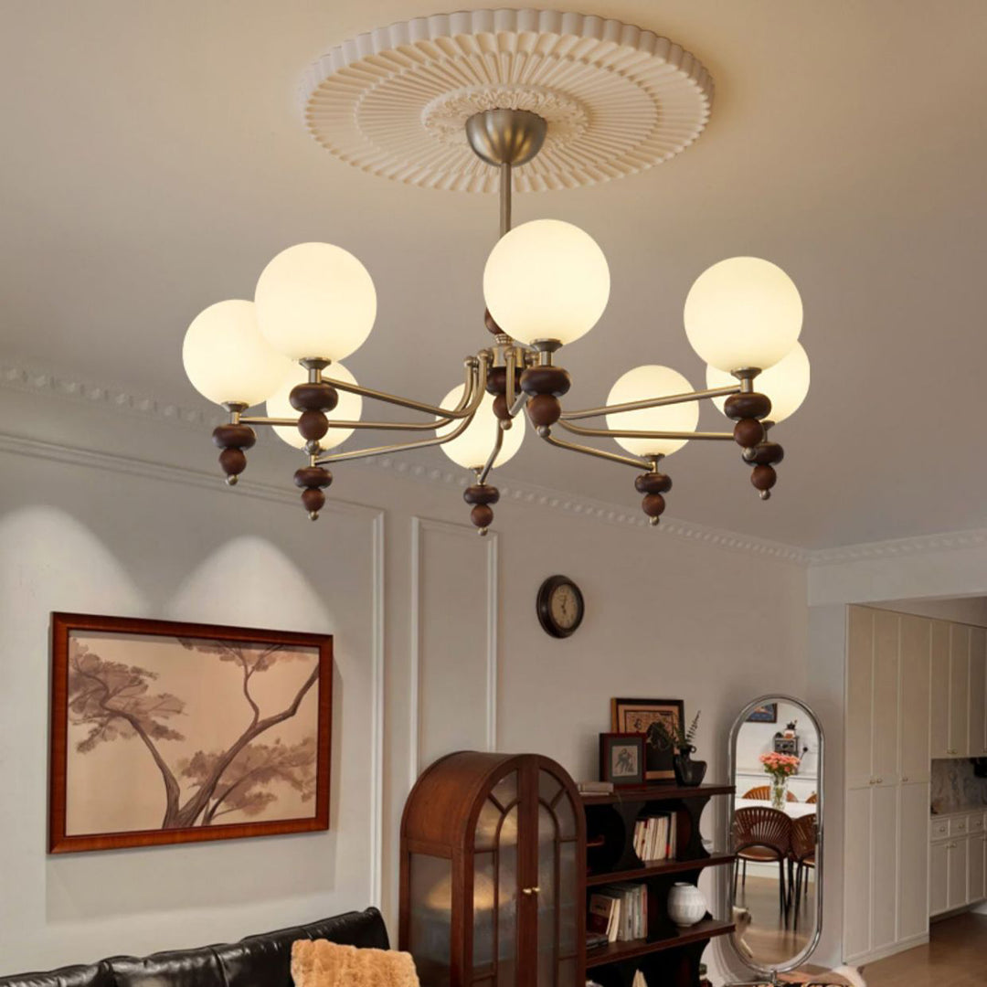 Traditioneller Vintage-Ast Gerade Stange Runde Kugel Eisen Holzrahmen Glasschirm 3/5/8 Licht Kronleuchter Für Wohnzimmer 