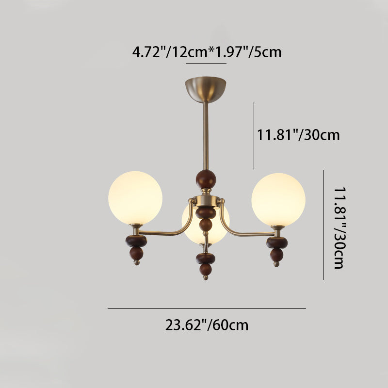 Traditioneller Vintage-Ast Gerade Stange Runde Kugel Eisen Holzrahmen Glasschirm 3/5/8 Licht Kronleuchter Für Wohnzimmer 
