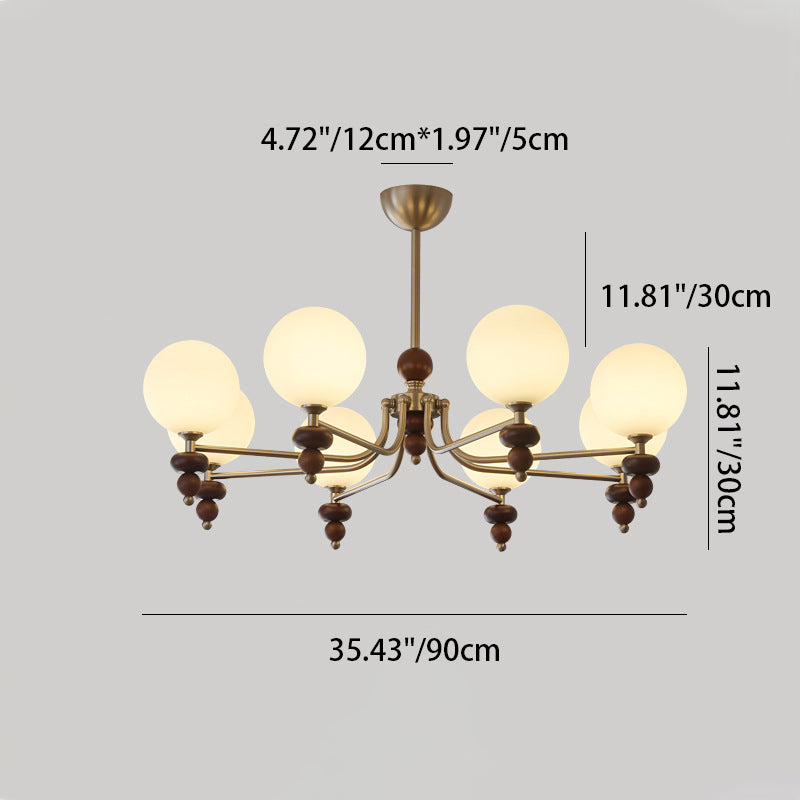Traditioneller Vintage-Ast Gerade Stange Runde Kugel Eisen Holzrahmen Glasschirm 3/5/8 Licht Kronleuchter Für Wohnzimmer 