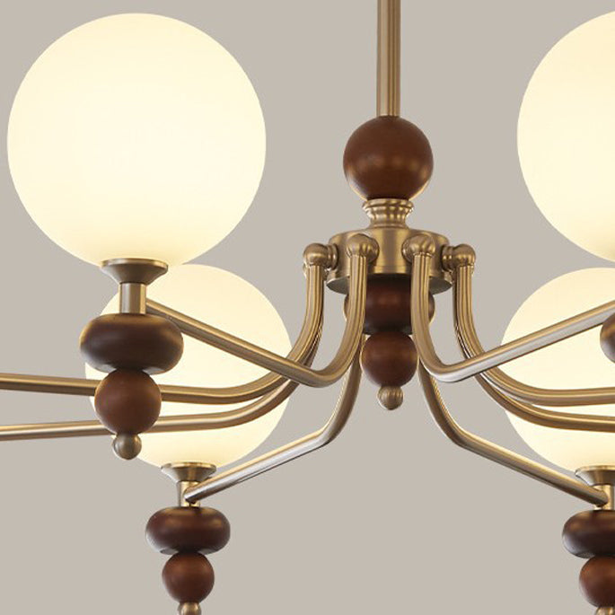 Traditioneller Vintage-Ast Gerade Stange Runde Kugel Eisen Holzrahmen Glasschirm 3/5/8 Licht Kronleuchter Für Wohnzimmer 