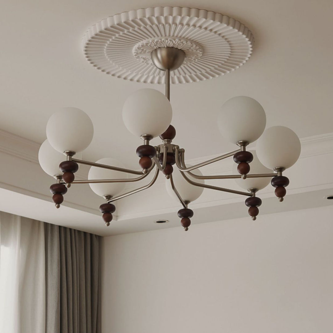 Traditioneller Vintage-Ast Gerade Stange Runde Kugel Eisen Holzrahmen Glasschirm 3/5/8 Licht Kronleuchter Für Wohnzimmer 