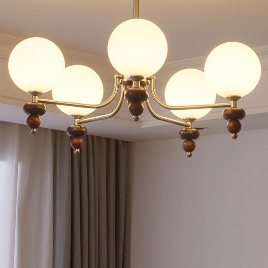 Traditioneller Vintage-Ast Gerade Stange Runde Kugel Eisen Holzrahmen Glasschirm 3/5/8 Licht Kronleuchter Für Wohnzimmer 