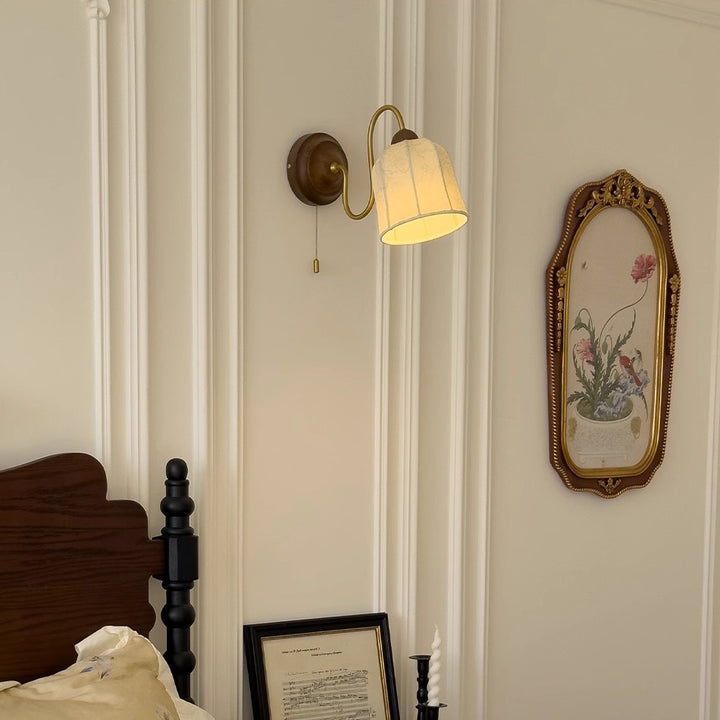 Traditional French Round Dome Cup Shape Wood Iron Fabric Shade 1-Light Wall Sconce Lamp For Living Room