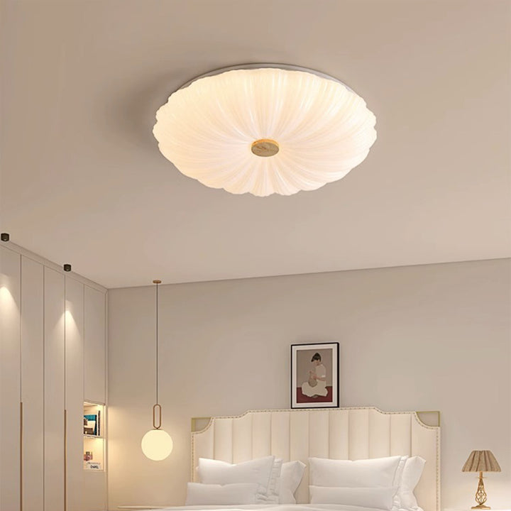 Plafonnier LED en bois avec abat-jour en acrylique rayé de fleurs rondes minimalistes modernes pour chambre 