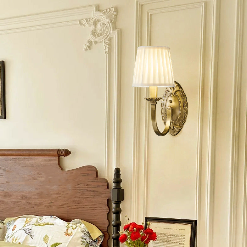 Traditional Vintage Curved Pole Round Trapezoidal Stripe Fabric Shade Brass 1/2 Light Wall Sconce Lamp For Living Room