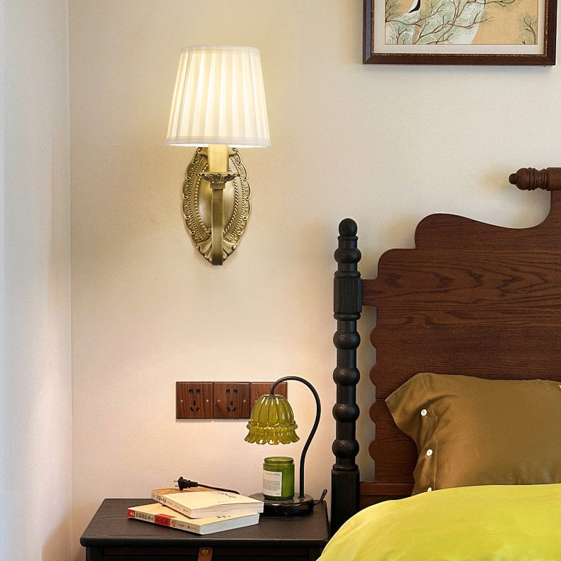 Traditional Vintage Curved Pole Round Trapezoidal Stripe Fabric Shade Brass 1/2 Light Wall Sconce Lamp For Living Room