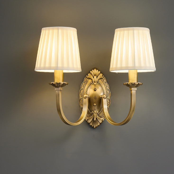 Traditional Vintage Curved Pole Round Trapezoidal Stripe Fabric Shade Brass 1/2 Light Wall Sconce Lamp For Living Room