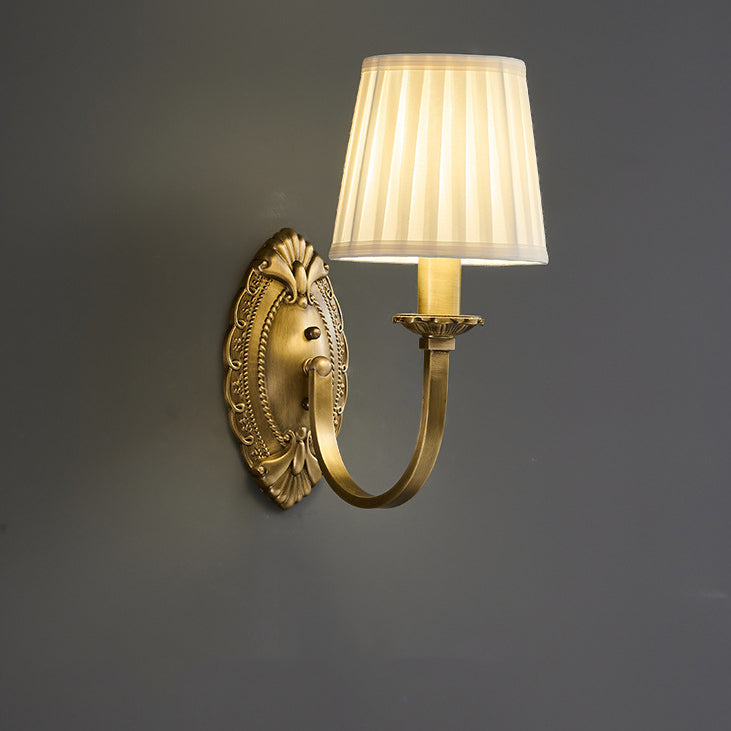 Traditional Vintage Curved Pole Round Trapezoidal Stripe Fabric Shade Brass 1/2 Light Wall Sconce Lamp For Living Room