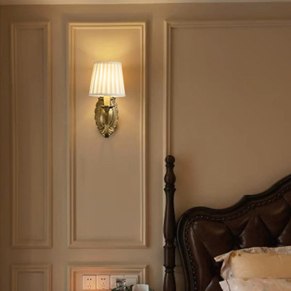 Traditional Vintage Curved Pole Round Trapezoidal Stripe Fabric Shade Brass 1/2 Light Wall Sconce Lamp For Living Room