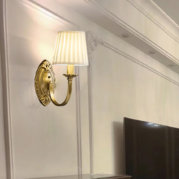 Traditional Vintage Curved Pole Round Trapezoidal Stripe Fabric Shade Brass 1/2 Light Wall Sconce Lamp For Living Room