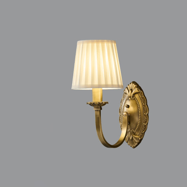 Traditional Vintage Curved Pole Round Trapezoidal Stripe Fabric Shade Brass 1/2 Light Wall Sconce Lamp For Living Room