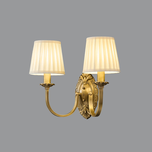 Traditional Vintage Curved Pole Round Trapezoidal Stripe Fabric Shade Brass 1/2 Light Wall Sconce Lamp For Living Room