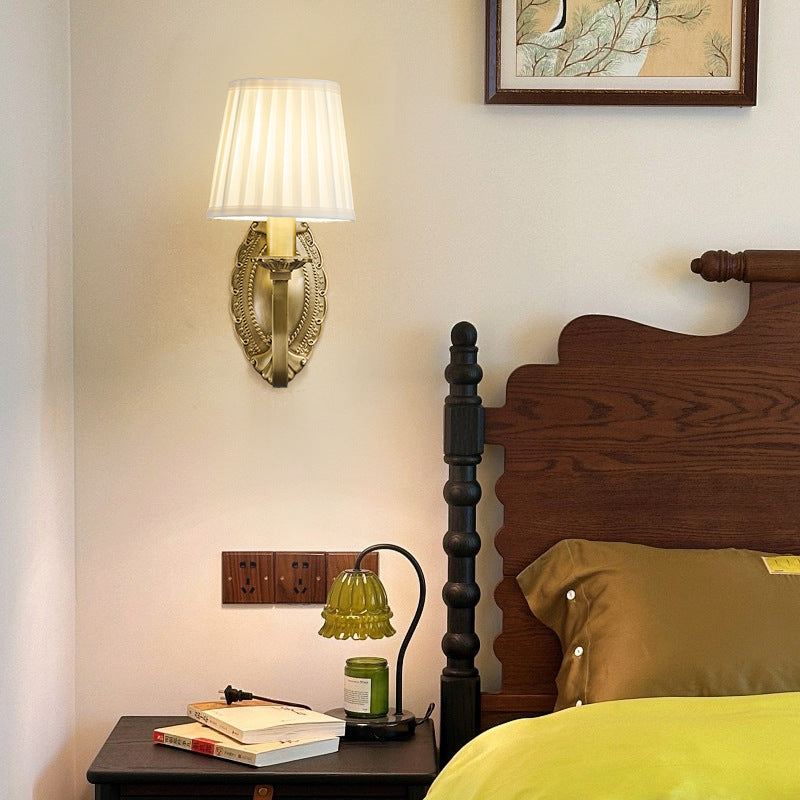 Traditional Vintage Curved Pole Round Trapezoidal Stripe Fabric Shade Brass 1/2 Light Wall Sconce Lamp For Living Room