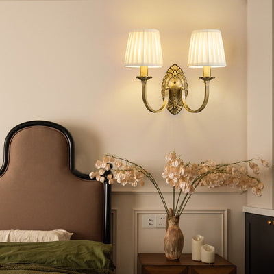 Traditional Vintage Curved Pole Round Trapezoidal Stripe Fabric Shade Brass 1/2 Light Wall Sconce Lamp For Living Room