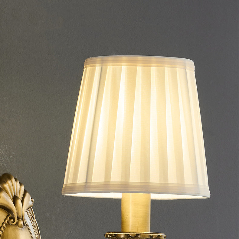 Traditional Vintage Curved Pole Round Trapezoidal Stripe Fabric Shade Brass 1/2 Light Wall Sconce Lamp For Living Room