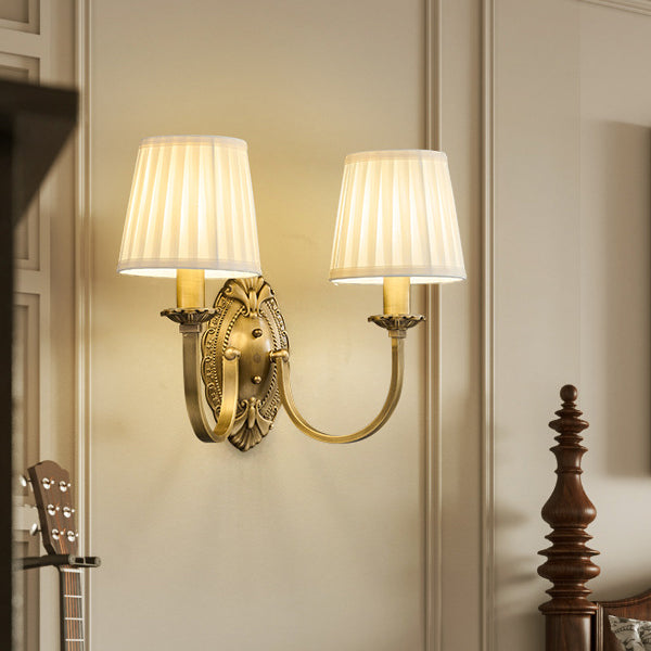 Traditional Vintage Curved Pole Round Trapezoidal Stripe Fabric Shade Brass 1/2 Light Wall Sconce Lamp For Living Room