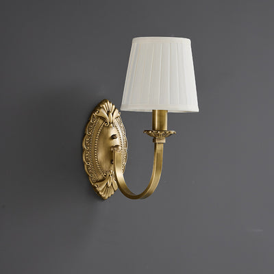 Traditional Vintage Curved Pole Round Trapezoidal Stripe Fabric Shade Brass 1/2 Light Wall Sconce Lamp For Living Room