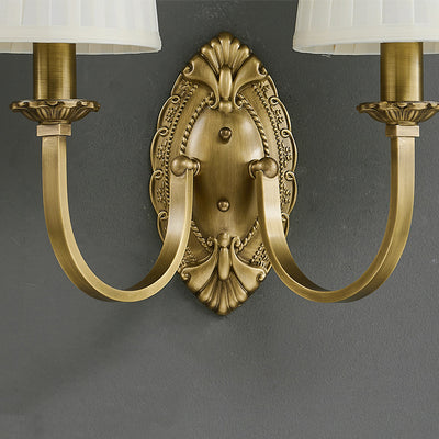 Traditional Vintage Curved Pole Round Trapezoidal Stripe Fabric Shade Brass 1/2 Light Wall Sconce Lamp For Living Room