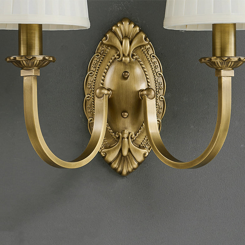 Traditional Vintage Curved Pole Round Trapezoidal Stripe Fabric Shade Brass 1/2 Light Wall Sconce Lamp For Living Room