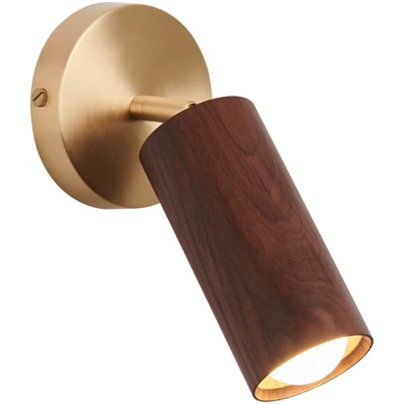 Applique murale LED moderne minimaliste cylindre rond en cuivre avec abat-jour en bois pour chambre à coucher 