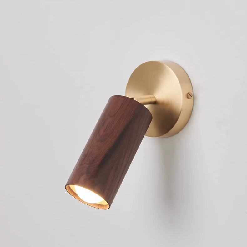 Applique murale LED moderne minimaliste cylindre rond en cuivre avec abat-jour en bois pour chambre à coucher 