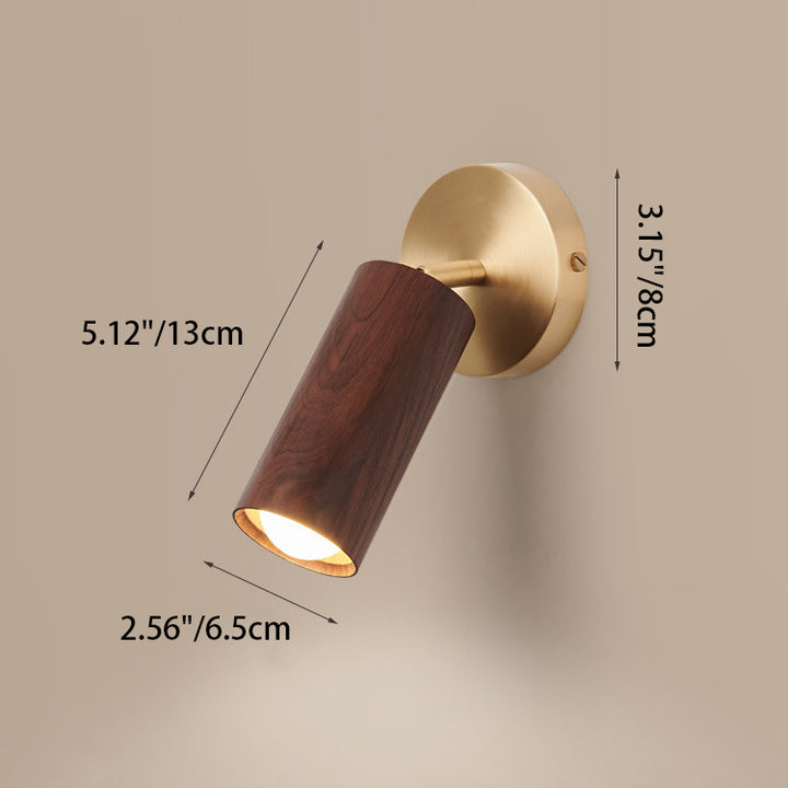 Applique murale LED moderne minimaliste cylindre rond en cuivre avec abat-jour en bois pour chambre à coucher 