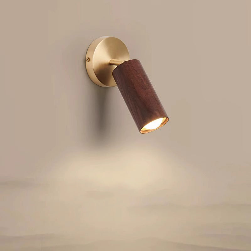 Applique murale LED moderne minimaliste cylindre rond en cuivre avec abat-jour en bois pour chambre à coucher 