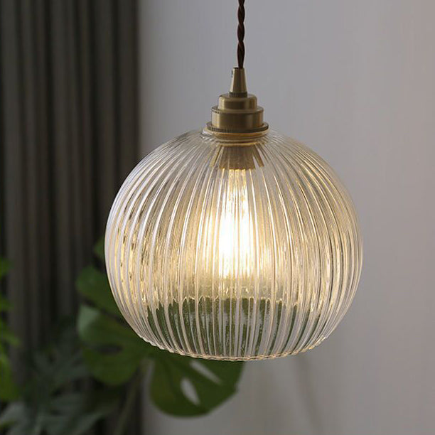 Traditionelle japanische Globus gestreifte Glasschirm Eisen 1-Licht Pendelleuchte für Wohnzimmer 