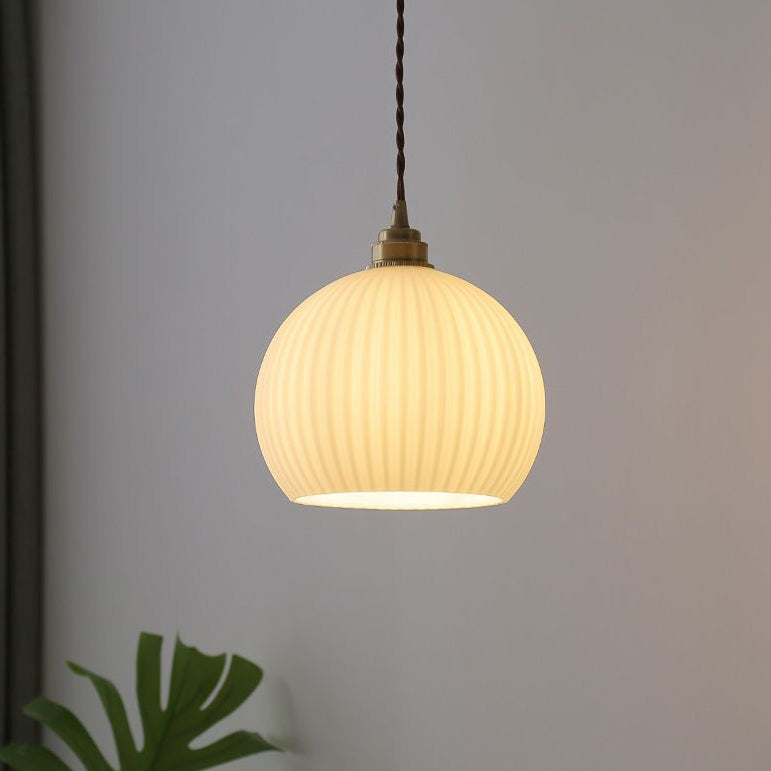 Traditionelle japanische Globus gestreifte Glasschirm Eisen 1-Licht Pendelleuchte für Wohnzimmer 