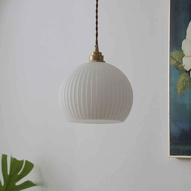 Traditionelle japanische Globus gestreifte Glasschirm Eisen 1-Licht Pendelleuchte für Wohnzimmer 