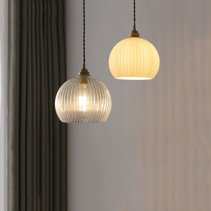Traditionelle japanische Globus gestreifte Glasschirm Eisen 1-Licht Pendelleuchte für Wohnzimmer 