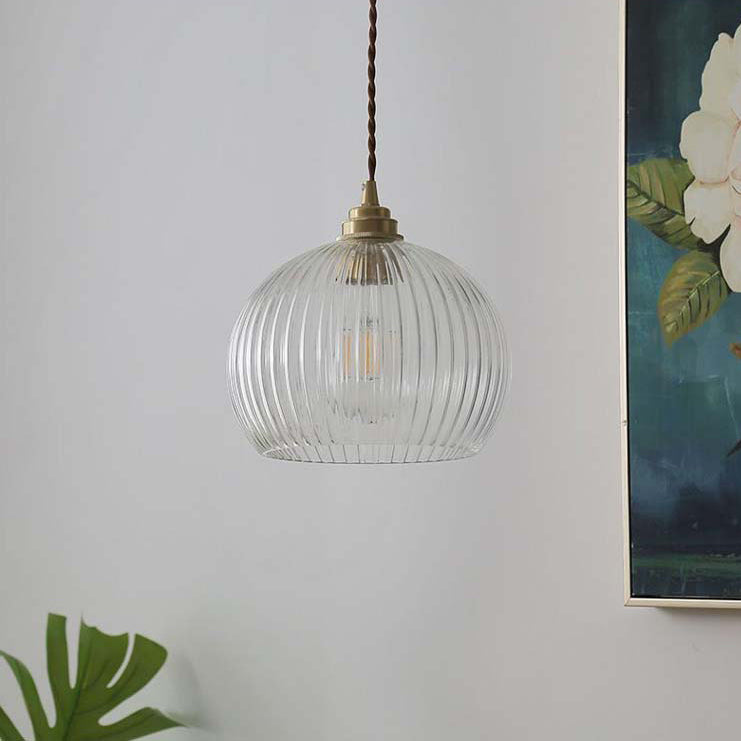 Traditionelle japanische Globus gestreifte Glasschirm Eisen 1-Licht Pendelleuchte für Wohnzimmer 