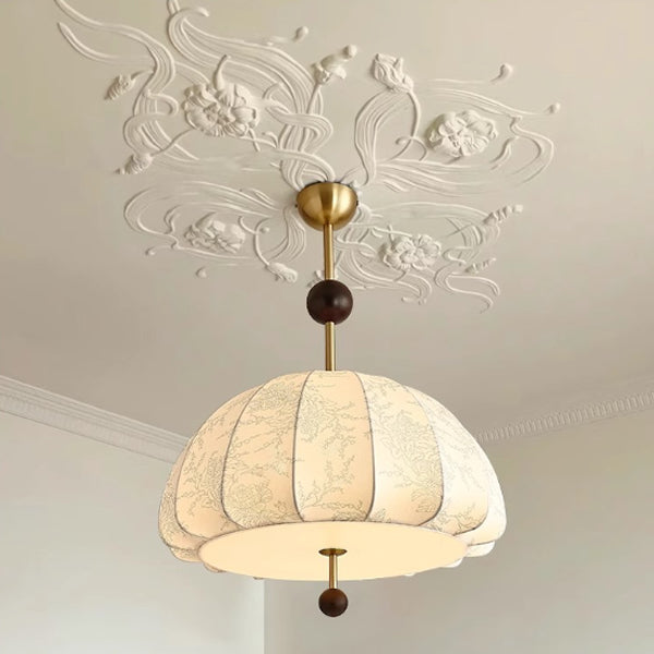 Pantalla de tela impresa floral ovalada media cúpula francesa tradicional de hierro y madera con 3/4/5 luces para lámpara colgante para sala de estar 