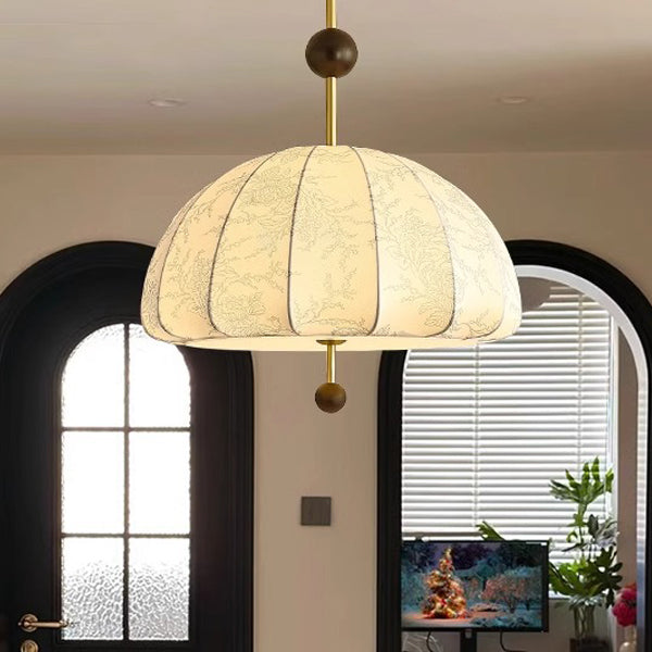 Traditionelle französische Kuppel Halb-Oval Floral bedruckter Stoffschirm Eisen-Holz-Rahmen 3/4/5 Licht Pendelleuchte für Wohnzimmer 
