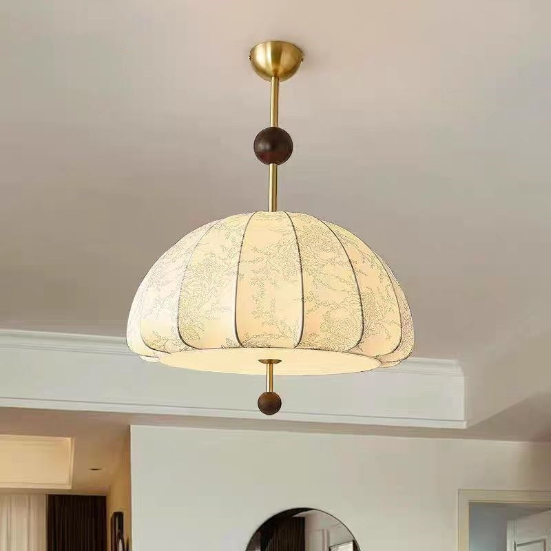 Traditionelle französische Kuppel Halb-Oval Floral bedruckter Stoffschirm Eisen-Holz-Rahmen 3/4/5 Licht Pendelleuchte für Wohnzimmer 