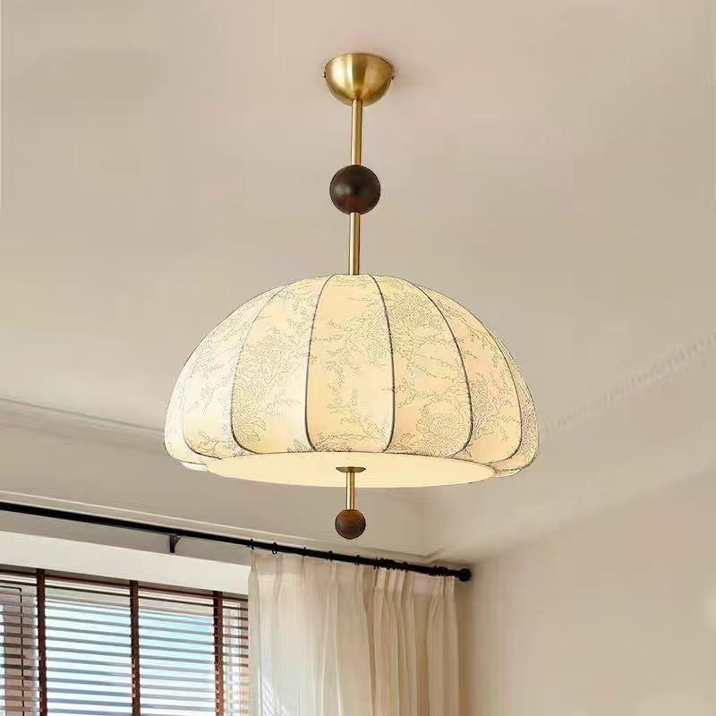 Traditionelle französische Kuppel Halb-Oval Floral bedruckter Stoffschirm Eisen-Holz-Rahmen 3/4/5 Licht Pendelleuchte für Wohnzimmer 