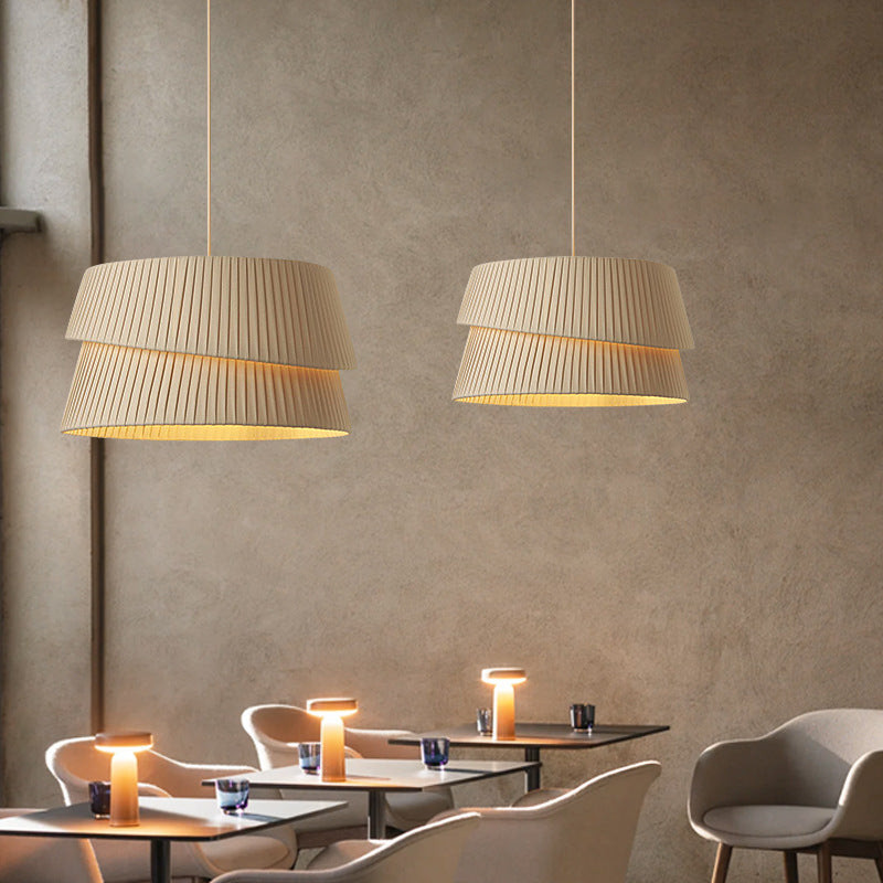 Contemporary Nordic Cream Round Trapezoidal Stripe Fabric Shade Hardware 1-Light Pendant Light For Living Room