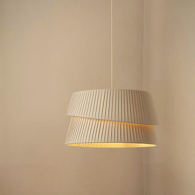 Contemporary Nordic Cream Round Trapezoidal Stripe Fabric Shade Hardware 1-Light Pendant Light For Living Room